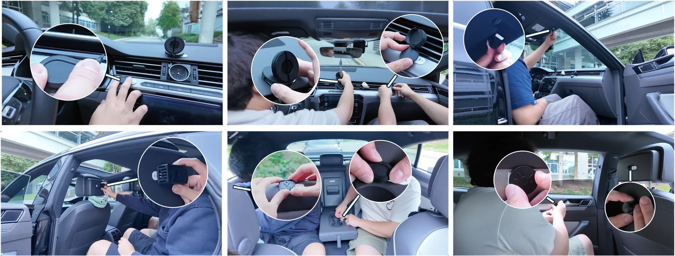 Participants placing sensor mockups on the dashboard, steering wheel area, roof, center console, rear seats, and other locations inside a car