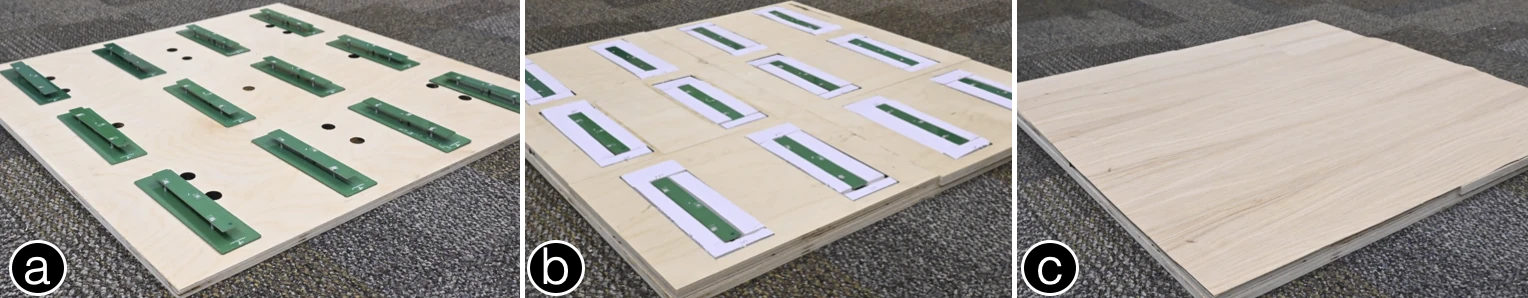 Three-stage AccelLumber fabrication process showing antennas in a plywood layer, patch antennas and reinforcement, and the finished wood-grain surface